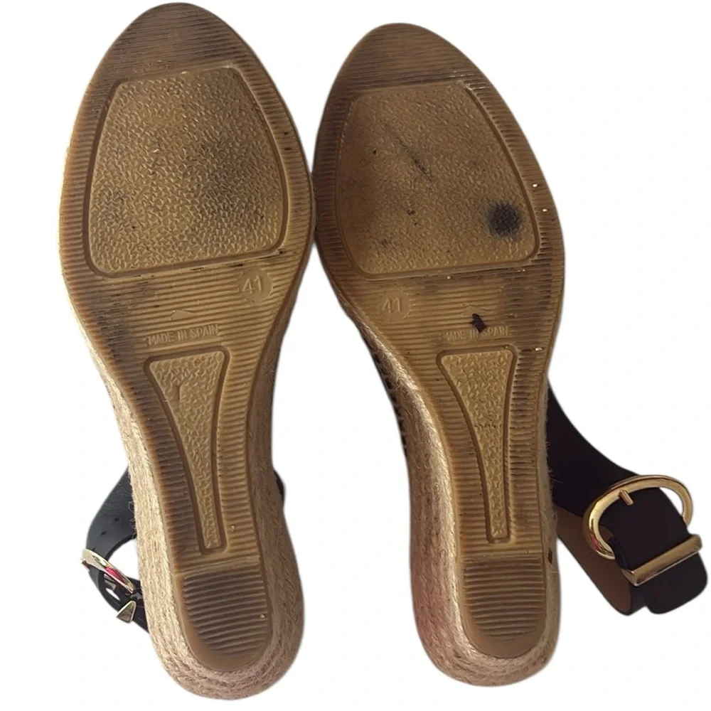Kanna wedge sling back espadrille, black leather gold buckle, size 41=10/10.5